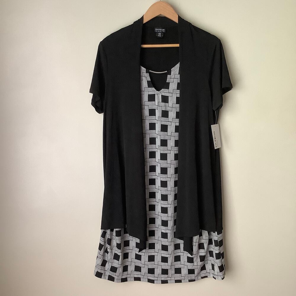 NWT EnFocus Studio Womens Black & White Pattern Attached Jacket Dress Plus 16W